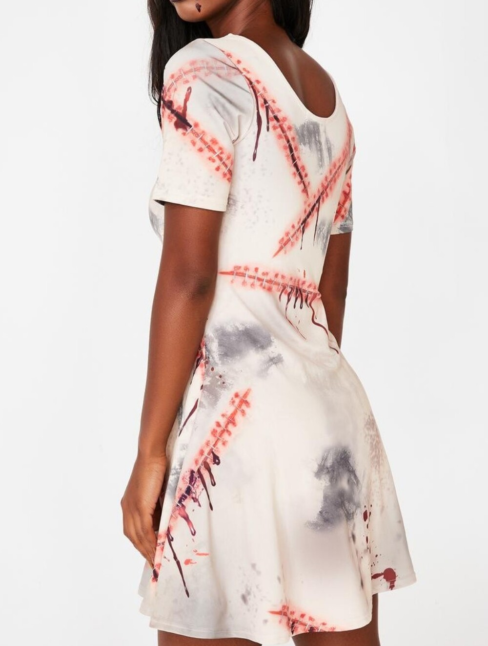 Dolls Kill Beige Graphic Short Sleeve Skater Dress with Red and Gray Accents
